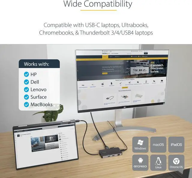 Alt view image 10 of 14 - StarTech USB C Multiport Adapter, Dual HDMI Video, 4K 60Hz, 2Pt 5Gbps USB-A Hub, 100W Power Delivery Pass-Through/GbE/SD/MicroSD, 12"/30cm Cable, Travel Dock, Laptop Docking Station