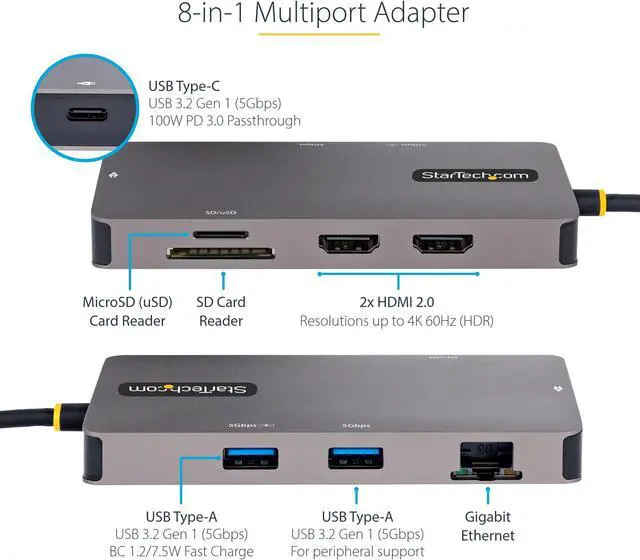 Alt view image 7 of 14 - StarTech USB C Multiport Adapter, Dual HDMI Video, 4K 60Hz, 2Pt 5Gbps USB-A Hub, 100W Power Delivery Pass-Through/GbE/SD/MicroSD, 12"/30cm Cable, Travel Dock, Laptop Docking Station