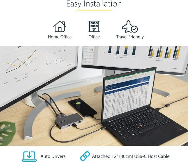 Alt view image 9 of 14 - StarTech USB C Multiport Adapter, Dual HDMI Video, 4K 60Hz, 2Pt 5Gbps USB-A Hub, 100W Power Delivery Pass-Through/GbE/SD/MicroSD, 12"/30cm Cable, Travel Dock, Laptop Docking Station