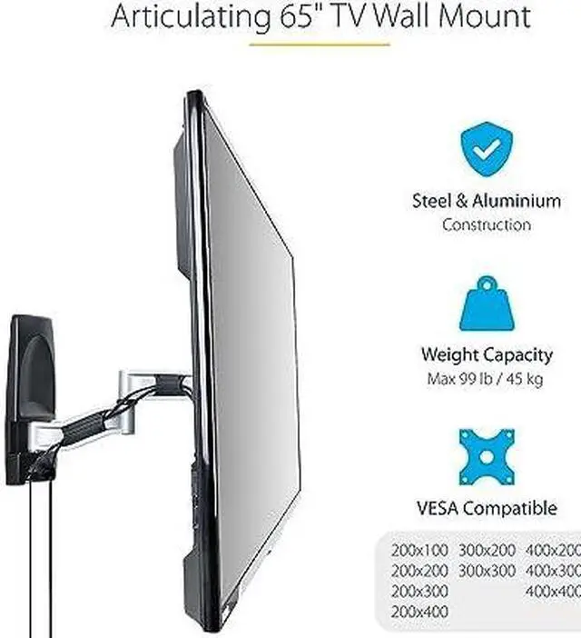 Alt view image 8 of 12 - StarTech Articulating TV Wall Mount, VESA Wall Mount, Supports 26 to 65 inch/99lb/Flat/Curved TVs, Retractable Low Profile Wall Mount TV Bracket, Adjustable Corner TV Wall Mount - TAA