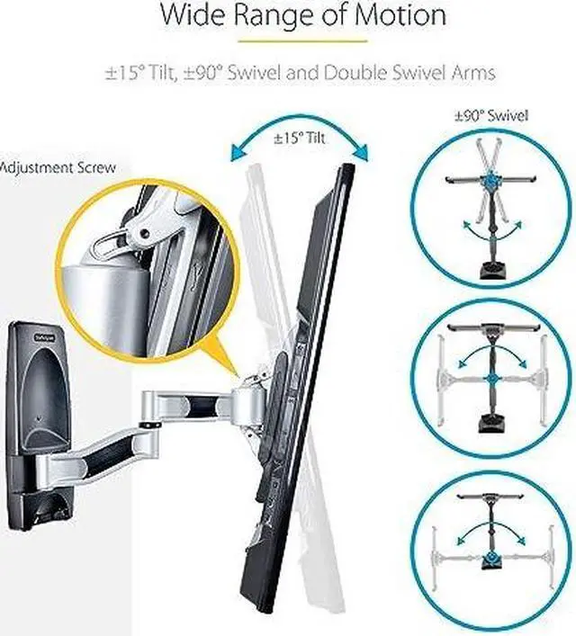 Alt view image 10 of 12 - StarTech Articulating TV Wall Mount, VESA Wall Mount, Supports 26 to 65 inch/99lb/Flat/Curved TVs, Retractable Low Profile Wall Mount TV Bracket, Adjustable Corner TV Wall Mount - TAA