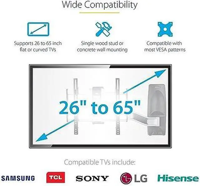 Alt view image 12 of 12 - StarTech Articulating TV Wall Mount, VESA Wall Mount, Supports 26 to 65 inch/99lb/Flat/Curved TVs, Retractable Low Profile Wall Mount TV Bracket, Adjustable Corner TV Wall Mount - TAA