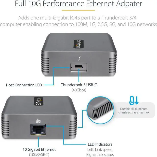 Alt view image 8 of 11 - StarTech.com Thunderbolt 3 to Ethernet Adapter, 10GbE, Multi-Gigabit Thunderbolt 3 to RJ45 Network Adapter, TB3/TB4 10GbE NIC