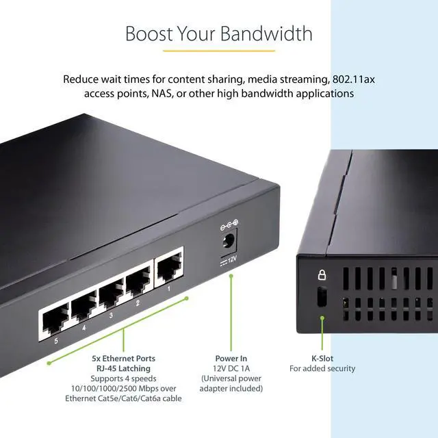 Alt view image 7 of 11 - StarTech.com Unmanaged 2.5G Switch, 5 Port 2.5GBASE-T Unmanaged Ethernet Switch, Din Rail | Wall Mount, Multi-Gigabit, Auto-MDIX, 9K Jumbo