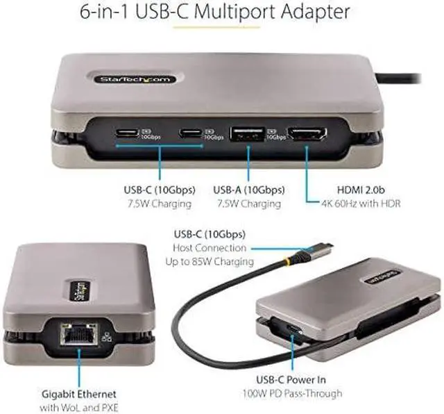 Alt view image 9 of 12 - StarTech USB C Multiport Adapter - USB C to 4K 60Hz HDMI 2.0 - 2-Port 10Gbps USB Hub - 100W Power Delivery Pass-through - GbE - SD/MicroSD - USB Type-C Mini Dock - 10" Cable