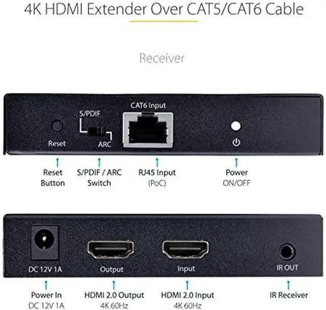 Alt view image 8 of 12 - StarTech 4K HDMI Extender Over CAT5/CAT6 Cable, 4K 60Hz HDR Video Extender Up to 230ft (70m), HDMI Over Ethernet Cabling, S/PDIF Audio Out, HDMI Transmitter and Receiver Kit (4K70IC-EXTEND-HDMI)