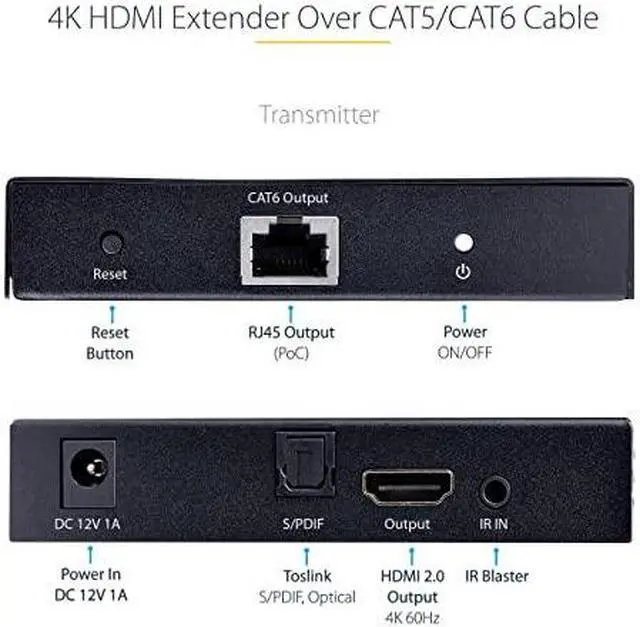 Alt view image 7 of 12 - StarTech 4K HDMI Extender Over CAT5/CAT6 Cable, 4K 60Hz HDR Video Extender Up to 230ft (70m), HDMI Over Ethernet Cabling, S/PDIF Audio Out, HDMI Transmitter and Receiver Kit (4K70IC-EXTEND-HDMI)