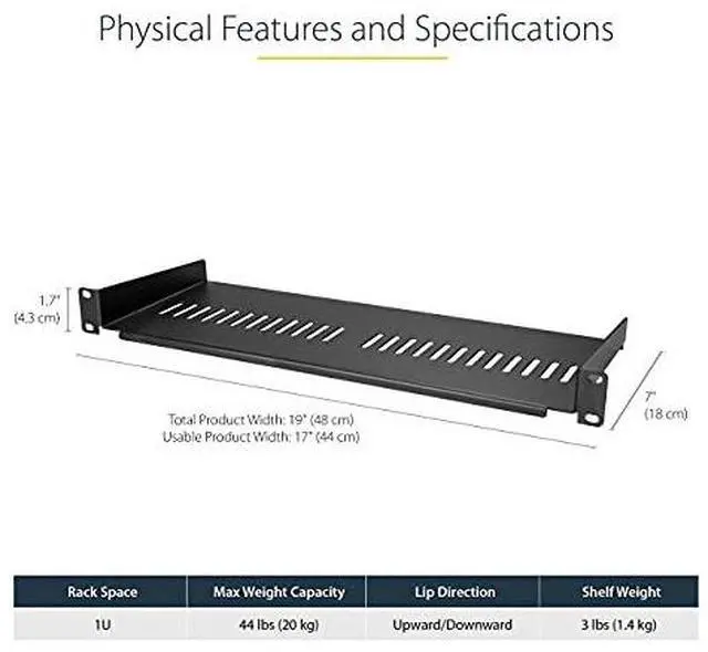 Alt view image 9 of 13 - StarTech.com SHELF-1U-20-FIXED-V 1U Server Rack Shelf - Universal Vented Rack Mount Cantilever Tray for 19" Network Equipment Rack & Cabinet - Durable Design - Weight Capacity 55lb/25kg - 20" Deep Shelf, Black
