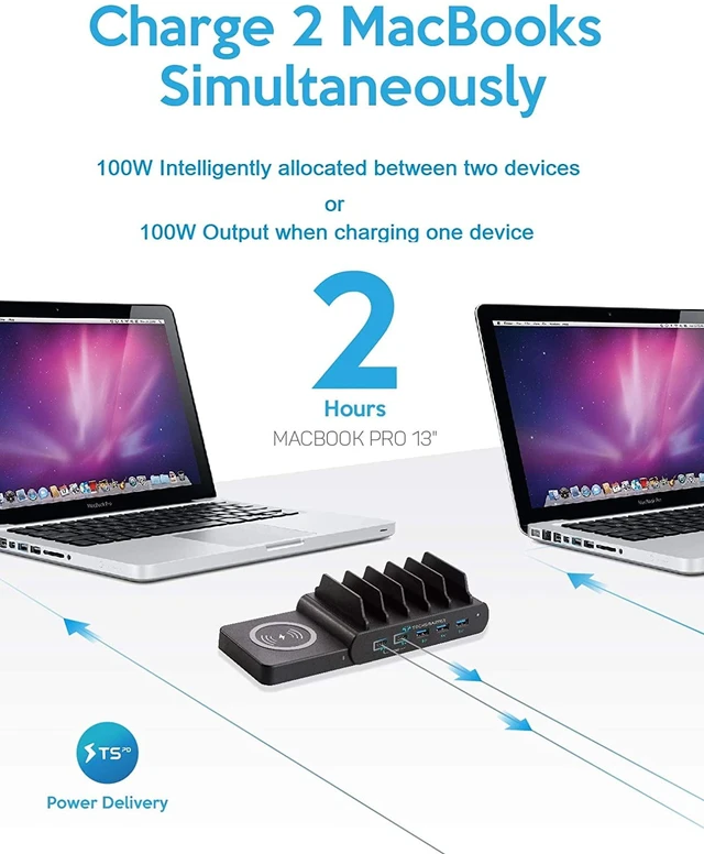 Alt view image 3 of 7 - 6-Port 100W 2-Port Dual USB-C PD Charging Station with 15W Qi Wireless Charger, Three 18W Fast Charging USB Ports.