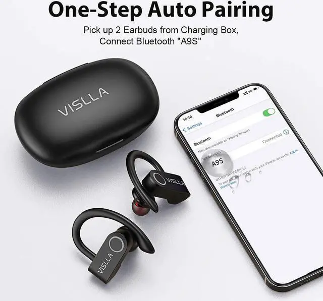 Alt view image 5 of 7 - Wireless earbuds,Bluetooth earbuds,VISLLA A9S bluetoot headphones,11 hours Super long music time,Hifi Stereo Heavy Bass,Sweatproof,Low Latency,for Workout/Running