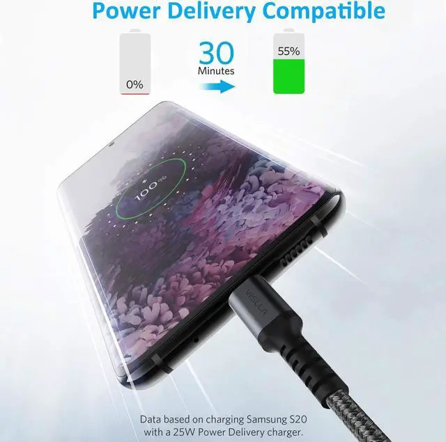 Alt view image 2 of 7 - VISLLA 60W QC PD 3.0 Type C Fast Charging Cable, 3A USB C to USB C Cable,Nylon Braided Phone Charger Cord for Samsung Galaxy S22/ S21/S20, iPad, iPad Pro, iPad Air, MacBook Pro, Pixel, LG, & and More
