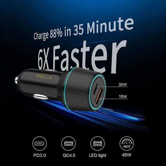 Alt view image 2 of 7 - Car Charger, VISLLA 48W Dual Port USB C Fast Adapter PD3.0&QC 4.0 Quick Charge 3.0 auto car accessories Compatible with iPhone 14 13 12 11 X Samsung Galaxy S22/S21/S20 Note 20 Pixel,Switch and more