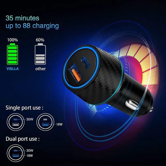 Alt view image 5 of 7 - Car Charger, VISLLA 48W Dual Port USB C Fast Adapter PD3.0&QC 4.0 Quick Charge 3.0 auto car accessories Compatible with iPhone 14 13 12 11 X Samsung Galaxy S22/S21/S20 Note 20 Pixel,Switch and more