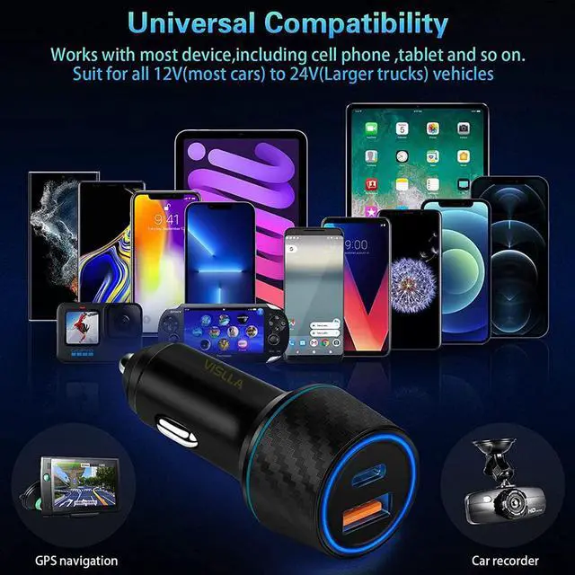 Alt view image 7 of 7 - Car Charger, VISLLA 48W Dual Port USB C Fast Adapter PD3.0&QC 4.0 Quick Charge 3.0 auto car accessories Compatible with iPhone 14 13 12 11 X Samsung Galaxy S22/S21/S20 Note 20 Pixel,Switch and more