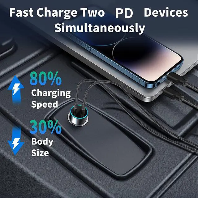 Alt view image 3 of 7 - VISLLA USB C Car Charger 45W Dual Port auto Fast USB Car Adapter PD3.0&QC 4.0 3.0 Aluminum Alloy Compatible with iPhone 14 13 12 11 X ,Samsung Galaxy S22/S21/S20 Note 20, Pixel,Switch and more