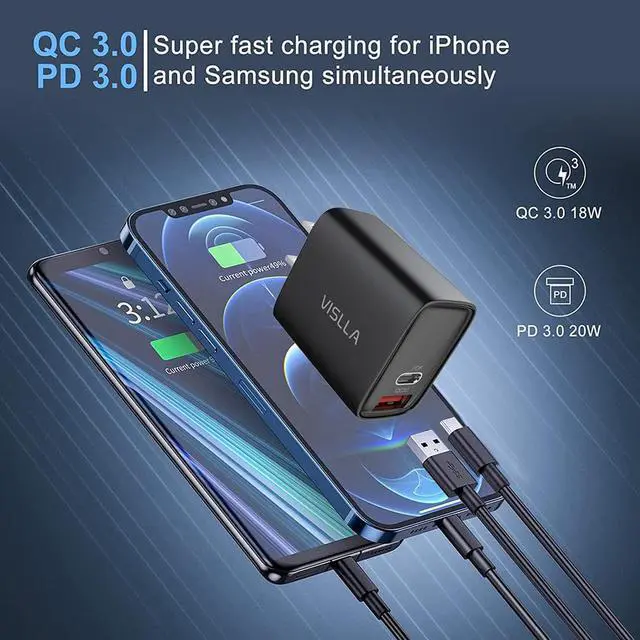 Alt view image 3 of 7 - VISLLA USB C Wall Charger 20W Dual Port PD Fast Charger Power Delivery Type C 2Port PD3.0 QC 3.0 Fast Charging Block  Adapter for iPhone 14/13/12/11 /X, iPad Pro, Samsung Galaxy Pixel and More 2 Pack