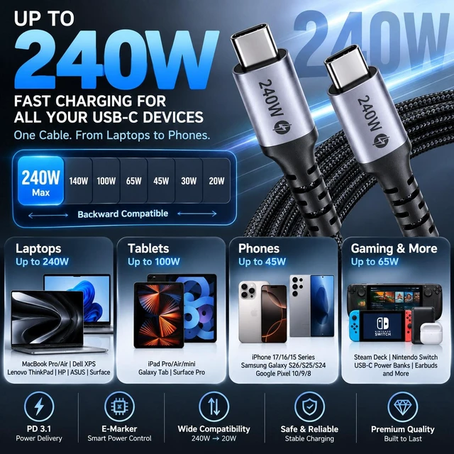 Alt view image 2 of 7 - 240W USB C to USB C Cable 6.6FT, PD 3.1 48V/5A Fast Charging Braided Type C Cable with E-Marker, Compatible with MacBook Pro/Air, iPhone 17/16/15, Galaxy S26/S25/S24, Pixel 10/9/8, iPad Pro/Air, Steam