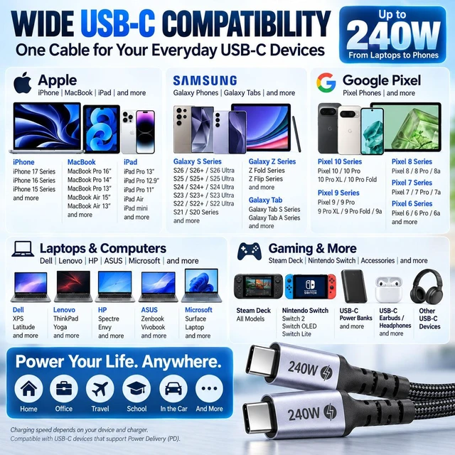 Alt view image 3 of 7 - 240W USB C to USB C Cable 6.6FT, PD 3.1 48V/5A Fast Charging Braided Type C Cable with E-Marker, Compatible with MacBook Pro/Air, iPhone 17/16/15, Galaxy S26/S25/S24, Pixel 10/9/8, iPad Pro/Air, Steam