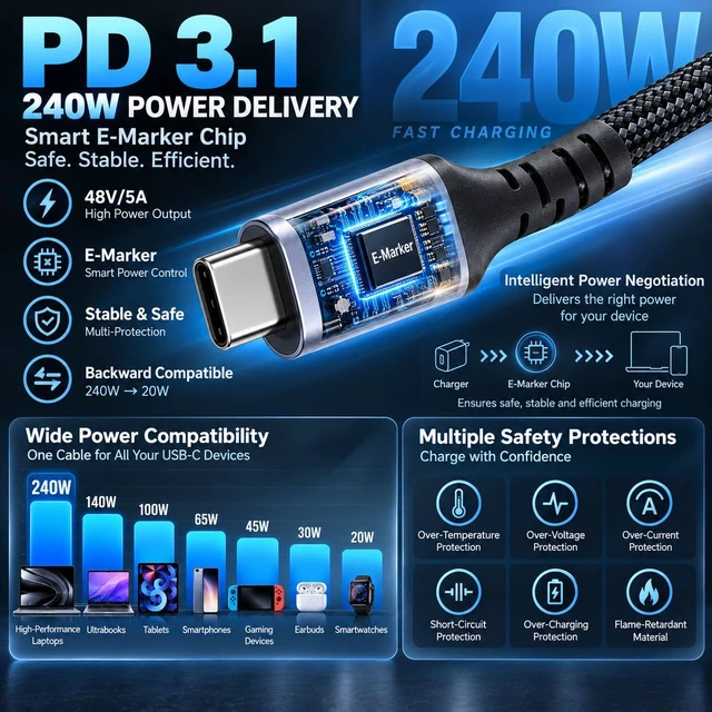 Alt view image 4 of 7 - 240W USB C to USB C Cable 6.6FT, PD 3.1 48V/5A Fast Charging Braided Type C Cable with E-Marker, Compatible with MacBook Pro/Air, iPhone 17/16/15, Galaxy S26/S25/S24, Pixel 10/9/8, iPad Pro/Air, Steam