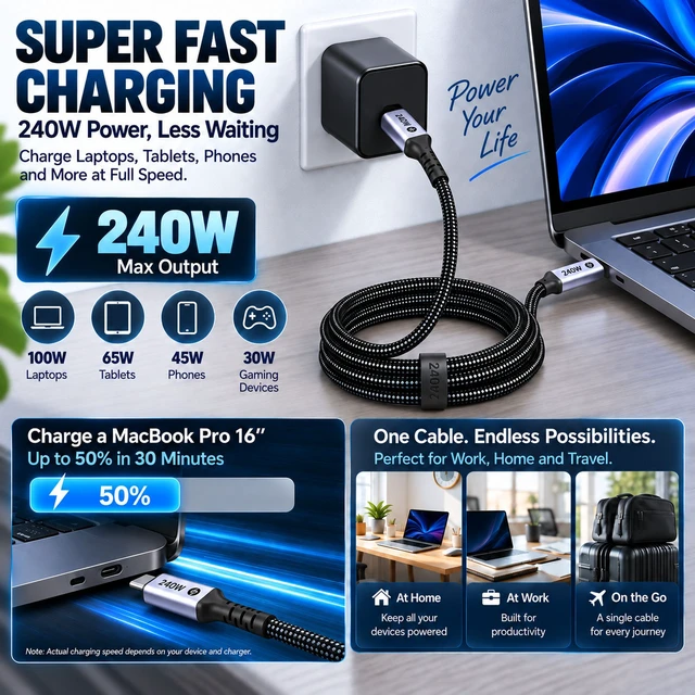 Alt view image 5 of 7 - 240W USB C to USB C Cable 6.6FT, PD 3.1 48V/5A Fast Charging Braided Type C Cable with E-Marker, Compatible with MacBook Pro/Air, iPhone 17/16/15, Galaxy S26/S25/S24, Pixel 10/9/8, iPad Pro/Air, Steam
