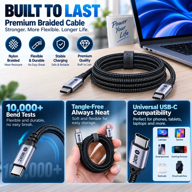 Alt view image 6 of 7 - 240W USB C to USB C Cable 6.6FT, PD 3.1 48V/5A Fast Charging Braided Type C Cable with E-Marker, Compatible with MacBook Pro/Air, iPhone 17/16/15, Galaxy S26/S25/S24, Pixel 10/9/8, iPad Pro/Air, Steam