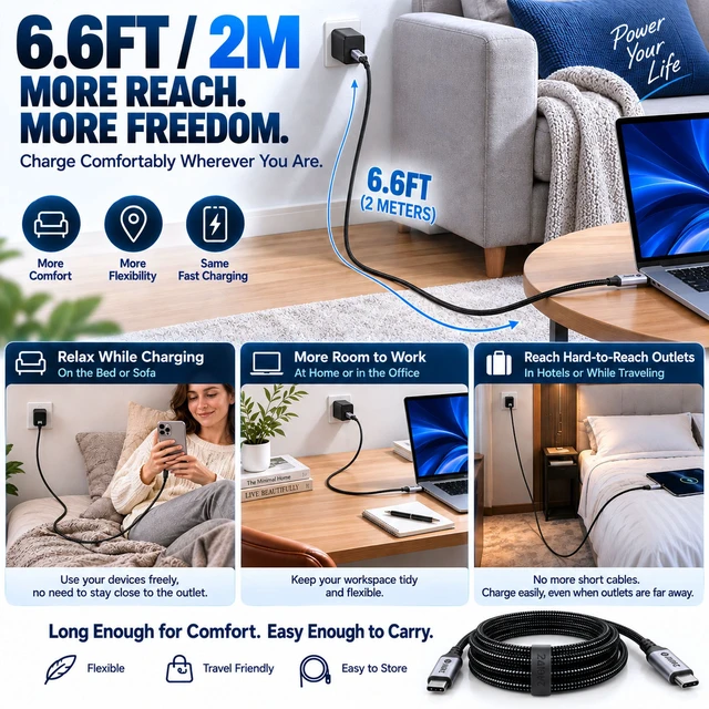 Alt view image 7 of 7 - 240W USB C to USB C Cable 6.6FT, PD 3.1 48V/5A Fast Charging Braided Type C Cable with E-Marker, Compatible with MacBook Pro/Air, iPhone 17/16/15, Galaxy S26/S25/S24, Pixel 10/9/8, iPad Pro/Air, Steam