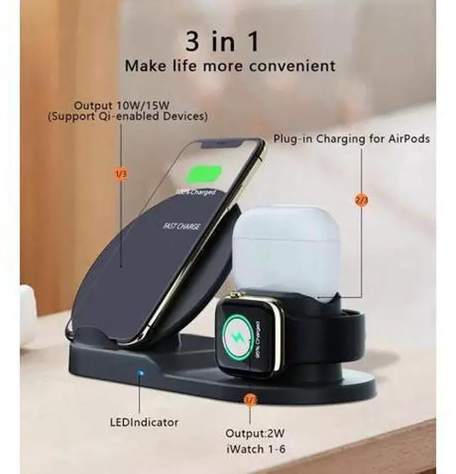 Alt view image 2 of 7 - DIXSG Wireless Charger,3 in 1 Wireless Charge Station for iPhone,Airpods,Apple Watch,Compatible with iPhone 13/13 Pro/11 Max/Xs/Xr/X/10/8 Plus Samsung Galaxy S20/Note 10/S10 Plus