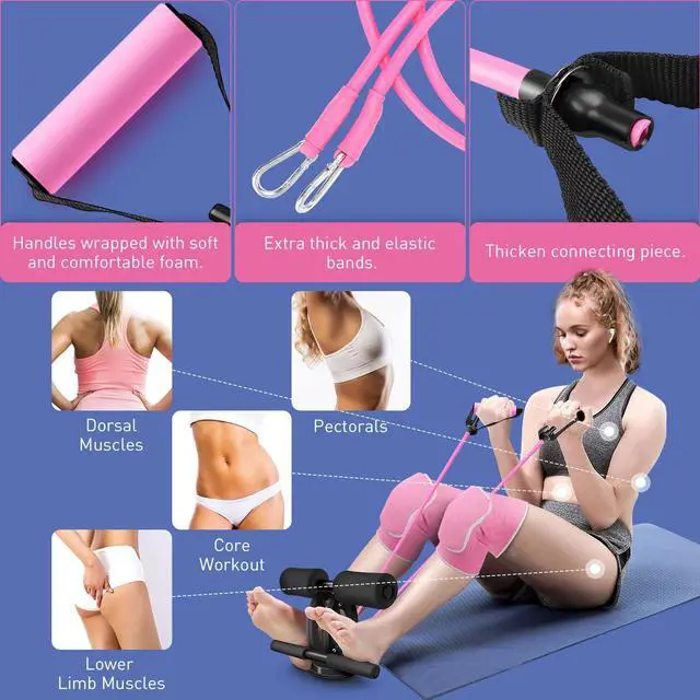 Alt view image 2 of 4 - SG SGODDE Sit Up Bar with Resistance Bands Sit Up Bar for Floor Sit-up Assistant Device with Knee Pads Portable Adjustable Self-Suction Abs Workout Equipment for Core Strength Muscle Training
