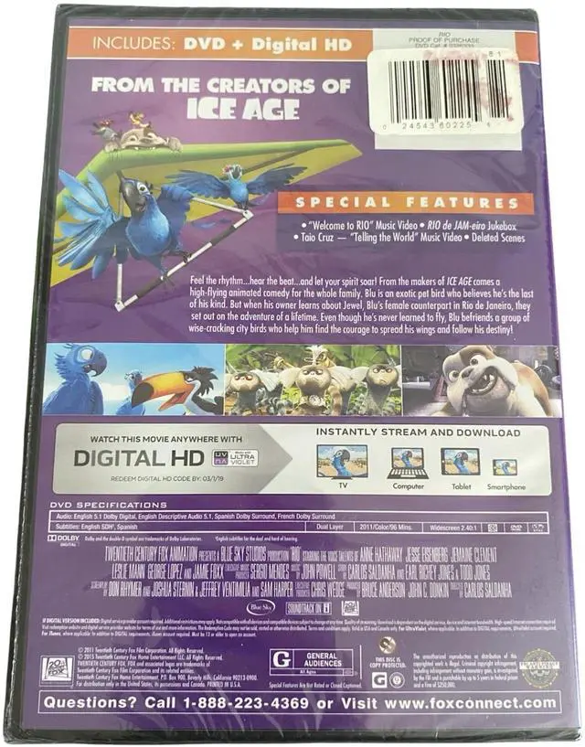 Alt view image 2 of 4 - Blue Sky Studios Rio DVD + Digital HD | Family Animated Movie | Adventure Comedy Film with Special Features