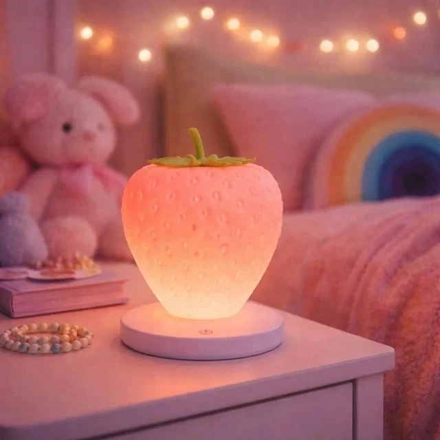 Alt view image 4 of 4 - iJOY Strawberry LED Night Light Rechargeable Touch Lamp 3 Modes Pink Bedroom Nursery Desk Decor Cute