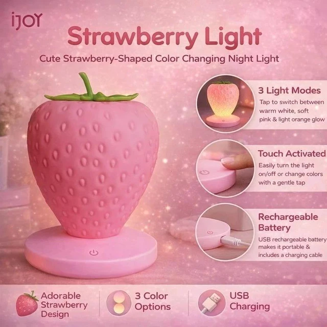 Alt view image 3 of 4 - iJOY Strawberry LED Night Light Rechargeable Touch Lamp 3 Modes Pink Bedroom Nursery Desk Decor Cute