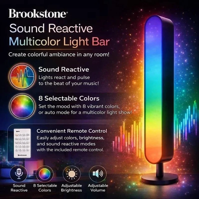 Alt view image 4 of 5 - Brookstone Sound Reactive Multicolor LED Light Bar Remote 8 Colors USB Gaming Room Lamp