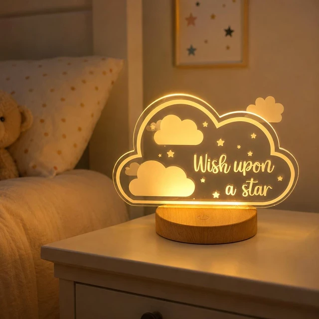 Alt view image 4 of 4 - Moon and Stars Wish Upon a Star Night Light Battery Powered Wooden Base Bedroom Room Decor