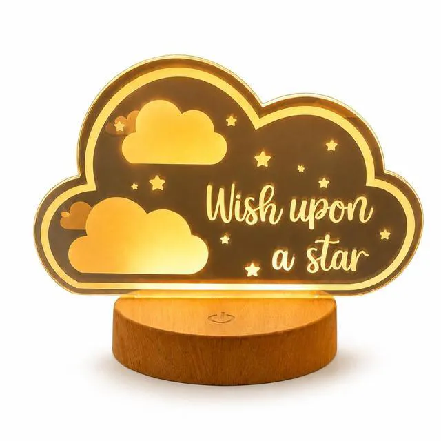 Main image of Moon and Stars Wish Upon a Star Night Light Battery Powered Wooden Base Bedroom Room Decor