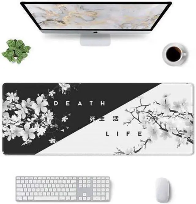 Alt view image 2 of 7 - WISDUM Black and White Cherry Blossom Gaming Mouse Pad XL Extended Large Mouse Mat Desk Pad Stitched Edges Mousepad Long Non-Slip Rubber Base Mice Pad 31.5 X 11.8 Inch