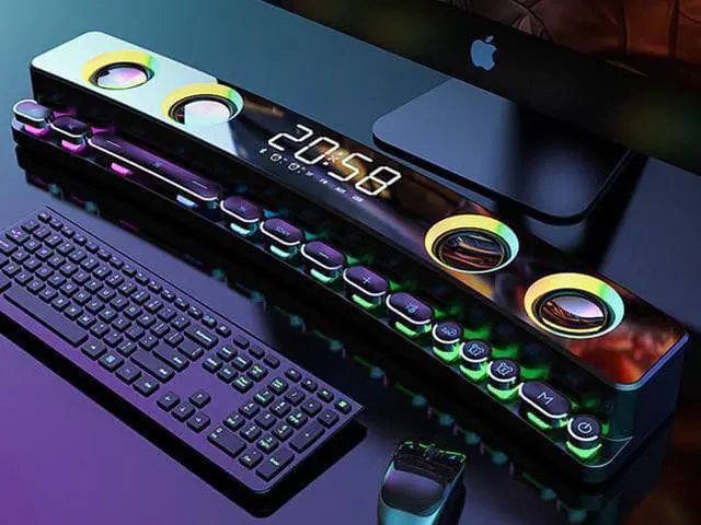 Alt view image 2 of 7 - WISDUM RGB PC Gaming Speaker Bluetooth Wireless Game Speaker Soundbar USB 3D Stereo Subwoofer AUX FM Home Clock Indoor Sound Bar Computer Loudspeaker 3600mAh