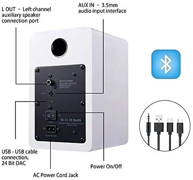 Alt view image 4 of 7 - Sanyun SW208 3" Active Bluetooth 5.0 Bookshelf Speakers - 60W carbon fiber speaker unit - Built-in 24-bit DAC - Dynamic 3D surround sound - 2.0 Computer PC Monitor Gaming Speakers (Pair, White)