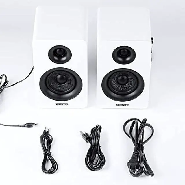 Alt view image 7 of 7 - Sanyun SW208 3" Active Bluetooth 5.0 Bookshelf Speakers - 60W carbon fiber speaker unit - Built-in 24-bit DAC - Dynamic 3D surround sound - 2.0 Computer PC Monitor Gaming Speakers (Pair, White)