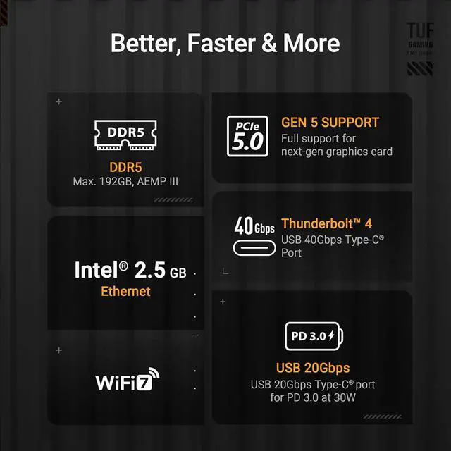 Alt view image 4 of 4 - ASUS TUF Gaming Z890-PRO WiFi Z890 LGA 1851 ATX Motherboard, Intel® Core Ultra Series 2 Ready, Advanced AI PC-Ready, 16+1+2+1 Stages, DDR5, PCIe® 5.0, Thunderbolt 4 Type-C, 4X M.2, Wi-Fi 7, 2.5Gb