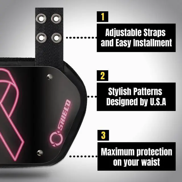 Alt view image 2 of 6 - O Shield Pink Ribbon Football Back Plate, Lower Back Pads for Football Players, Rear Protector, Universal Fit, BCRF (Breast Cancer Research Foundation) Supporter - Youth