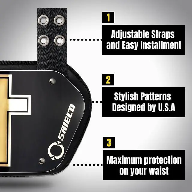 Alt view image 2 of 6 - O Shield Golden CROSS Chrome Football Back Plate, Lower Back Pads for Football Players, Rear Protector, Youth Fit
