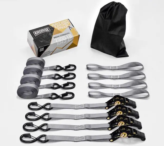 Main image of KINGERIGE Heavy Duty Motorcycle Ratchet Straps - 4 Pack with Soft Loops and High Break Strength for Secure Transport of Motorbikes, ATVs, and More - Ideal for Trucks, Trailers, and Roof Racks