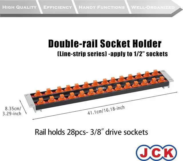 Alt view image 2 of 7 - JCK Professional Quality Aluminum Double-Rail Socket Organizer (Line-strip series) with 360 degree rotary studs Black & Orange & Blue for Metric/Imperial 3/8" sockets storage.