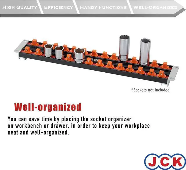 Alt view image 4 of 7 - JCK Professional Quality Aluminum Double-Rail Socket Organizer (Line-strip series) with 360 degree rotary studs Black & Orange & Blue for Metric/Imperial 3/8" sockets storage.