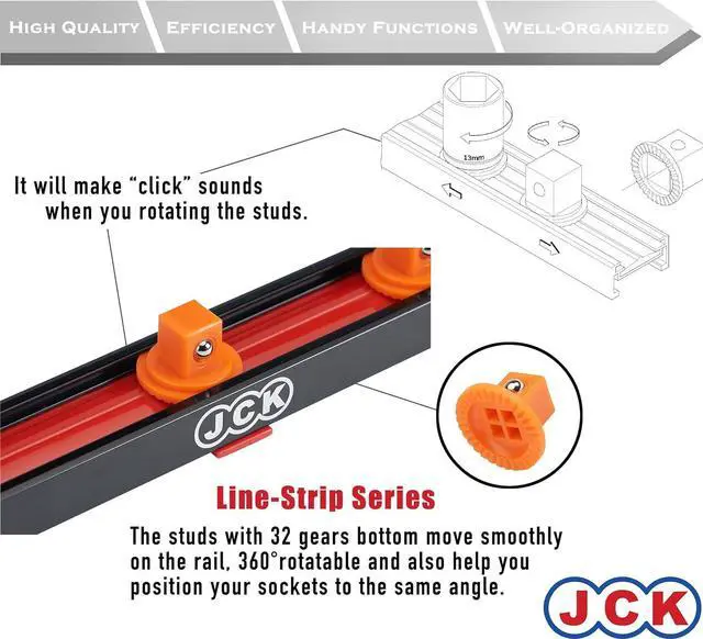 Alt view image 6 of 7 - JCK Professional Quality Aluminum Double-Rail Socket Organizer (Line-strip series) with 360 degree rotary studs Black & Orange & Blue for Metric/Imperial 3/8" sockets storage.