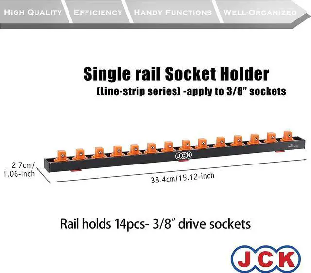 Alt view image 2 of 6 - JCK Professional Quality Aluminum Single Rail Socket Organizer (Line-strip Series) with 360 Degree Rotary Studs Black & Orange & Blue for Metric/Imperial 3/8" Sockets Storage