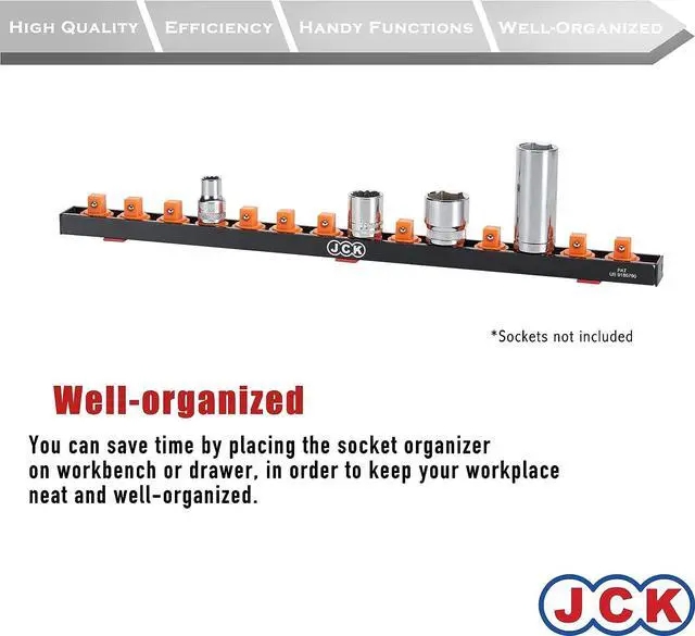 Alt view image 4 of 6 - JCK Professional Quality Aluminum Single Rail Socket Organizer (Line-strip Series) with 360 Degree Rotary Studs Black & Orange & Blue for Metric/Imperial 3/8" Sockets Storage