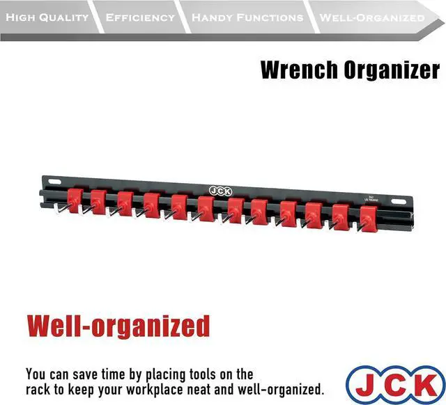Alt view image 2 of 5 - JCK Professional Quality Rack of Wrench Organizer Black Aluminum & Red Plastic Clips molding Integrated with Steel Hooks Organize Wrenches Secure Clip Toolbox Combination Storage