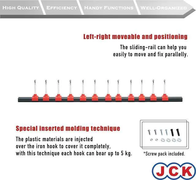 Alt view image 3 of 5 - JCK Professional Quality Rack of Wrench Organizer Black Aluminum & Red Plastic Clips molding Integrated with Steel Hooks Organize Wrenches Secure Clip Toolbox Combination Storage