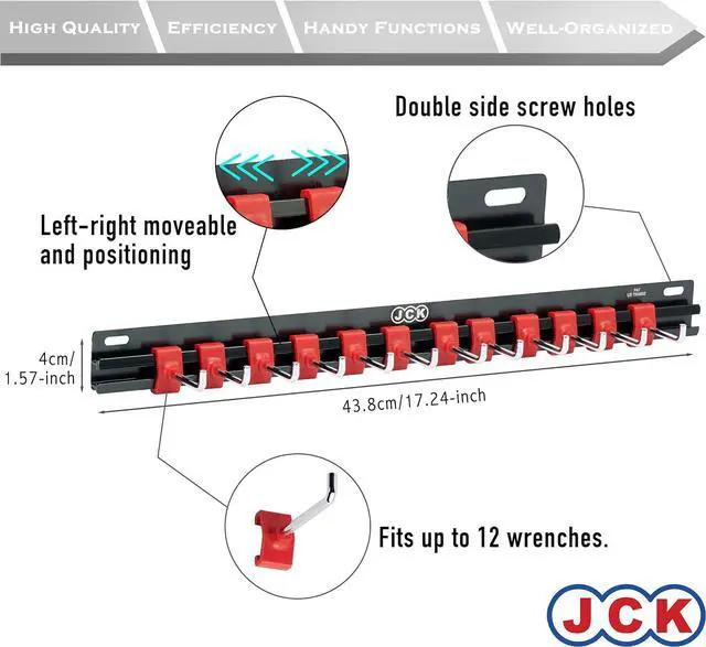 Alt view image 4 of 5 - JCK Professional Quality Rack of Wrench Organizer Black Aluminum & Red Plastic Clips molding Integrated with Steel Hooks Organize Wrenches Secure Clip Toolbox Combination Storage